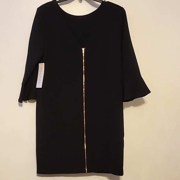 Nwt Cooper & Ella Matilda Black Dress Ruffled Hem Sleeves Gold Zip Back LBD Mini - Picture 4 of 5